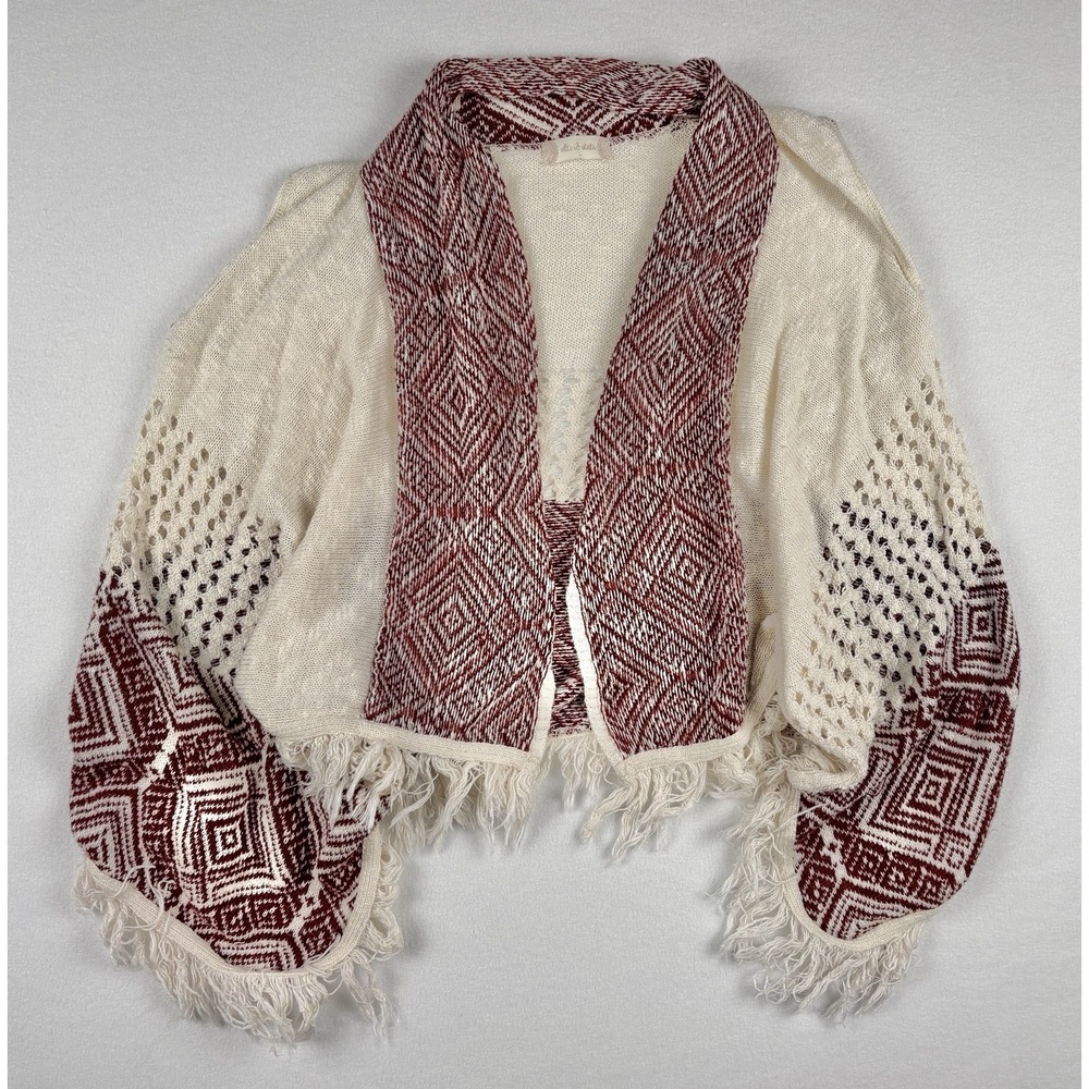 Altar'd State Women's Poncho Ruana Wrap Large Ivory Red Geometric Fringe Boho